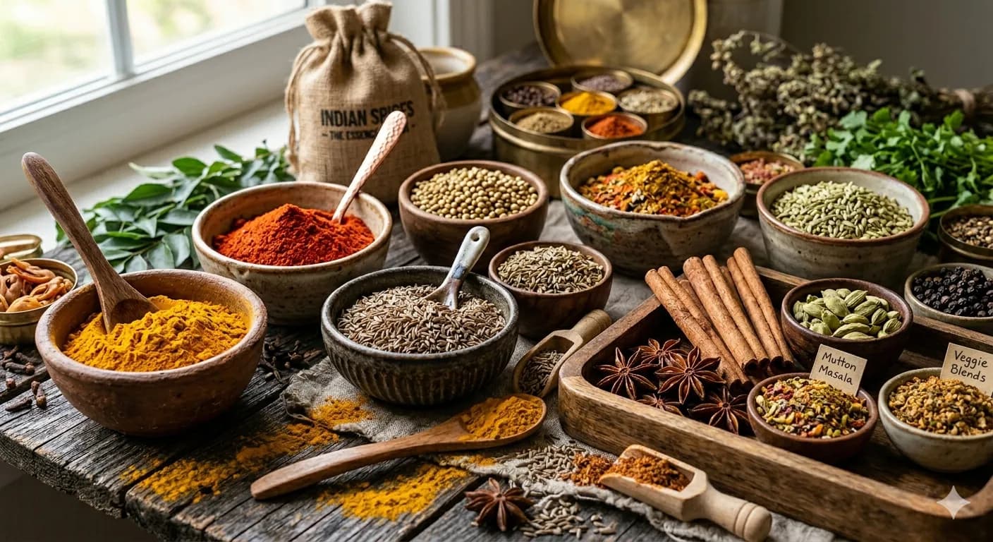 An assortment of single-origin Indian spices — turmeric, red chilli, coriander and whole spices — in bowls on a rustic table